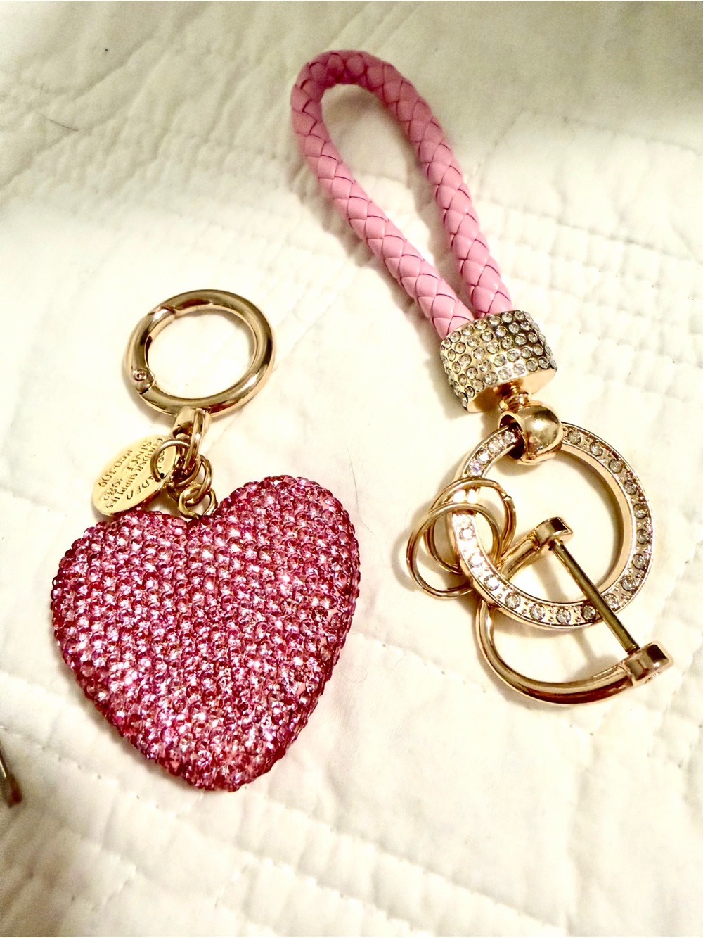 Bag Charm Pink Crystal Heart Keychain with Gold Hardware